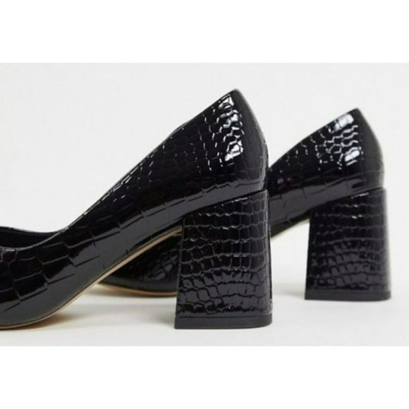ASOS Design Women's Black Mock Croc Faux Leather Block Heel Court Shoes Size 7 - Picture 4 of 13